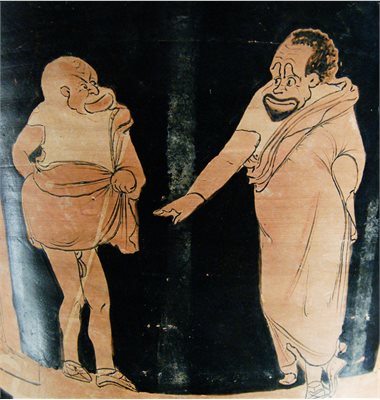 Detail from an ancient Sicilian pot, showing two cartoon-ish men in robes facing each other. Terracotta coloured figures against a black background.