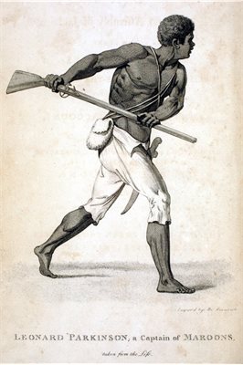 Historical black and white illustration of Leonard Parkinson, captain of the Maroon slaves&amp;#39; rebellion. He is wielding weapons and is turning away from the viewer as though in action.