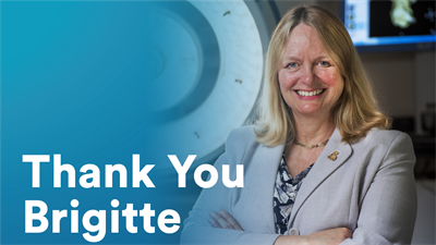 Brigitte Scammell smiling at the camera with the words &amp;#39;Thank you Brigitte&amp;#39;