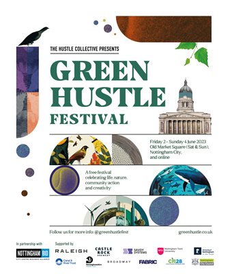 Poster for Green Hustle showing lots of different images related to Nottingham, environment and discovery alongside the event details and sponsors