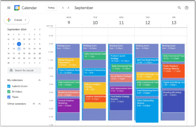 A screenshot of a Google calendar with different coloured events