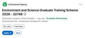 LinkedIn advert for a environment and science graduate training scheme with 16 people clicked to apply