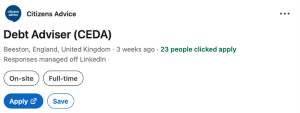LinkedIn advert for a debt adviser stating 23 people had clicked to apply