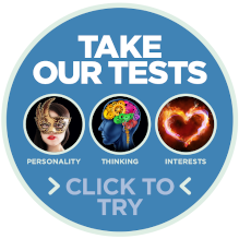 Blue circle with Take our tests, click to try