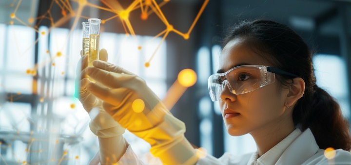 Female scientist looking at a test tube with yellow steaks - AI generated