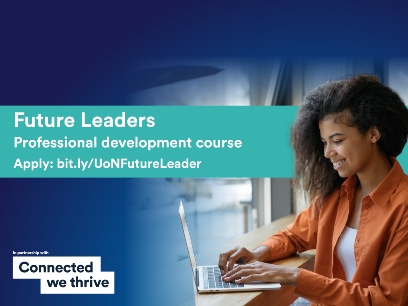 Woman at laptop with wording: Future Leaders Course