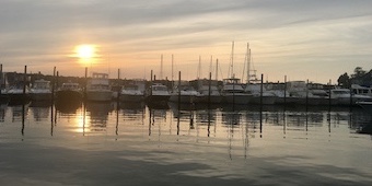 Picture of a harbour with boats at sunset