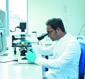 Photograph of researcher looking down a microscope
