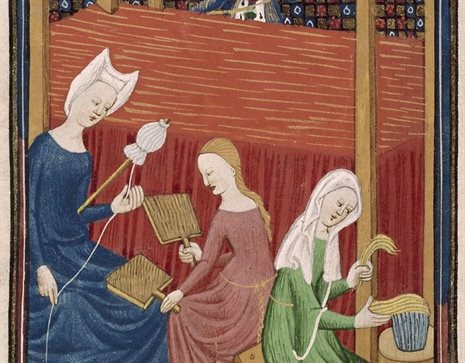 Illuminated manuscript image of 4 women weaving, spinning, carding wool, and combing flax