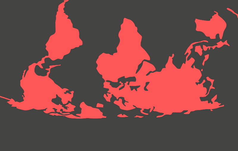 Inverted cartesian map with water in grey and land masses in red
