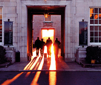 Students walking into Trent building