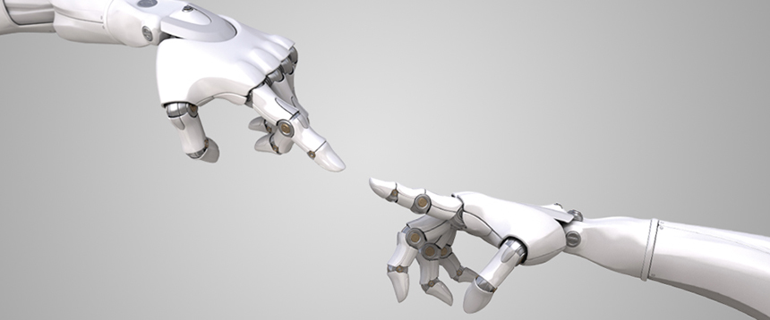 Two robot hands reaching towards each other
