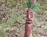 Mud/clay moulded on tree trunk to look like mythical creature