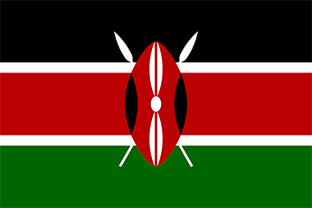 Kenyan flag - black, red and green vertical stripes with shield and spears in middle