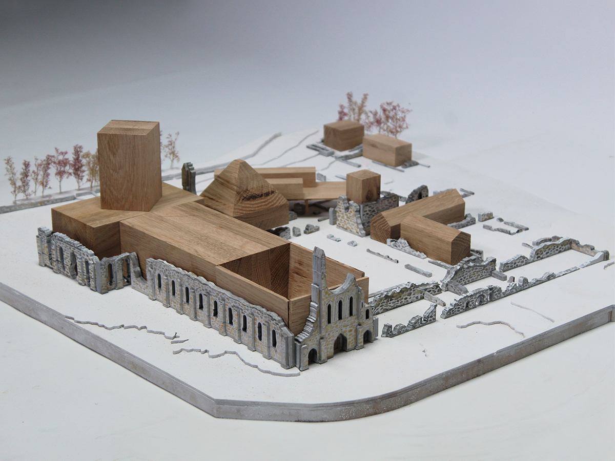 Hand-painted card and oak massing site model of the proposal for Byland Abbey