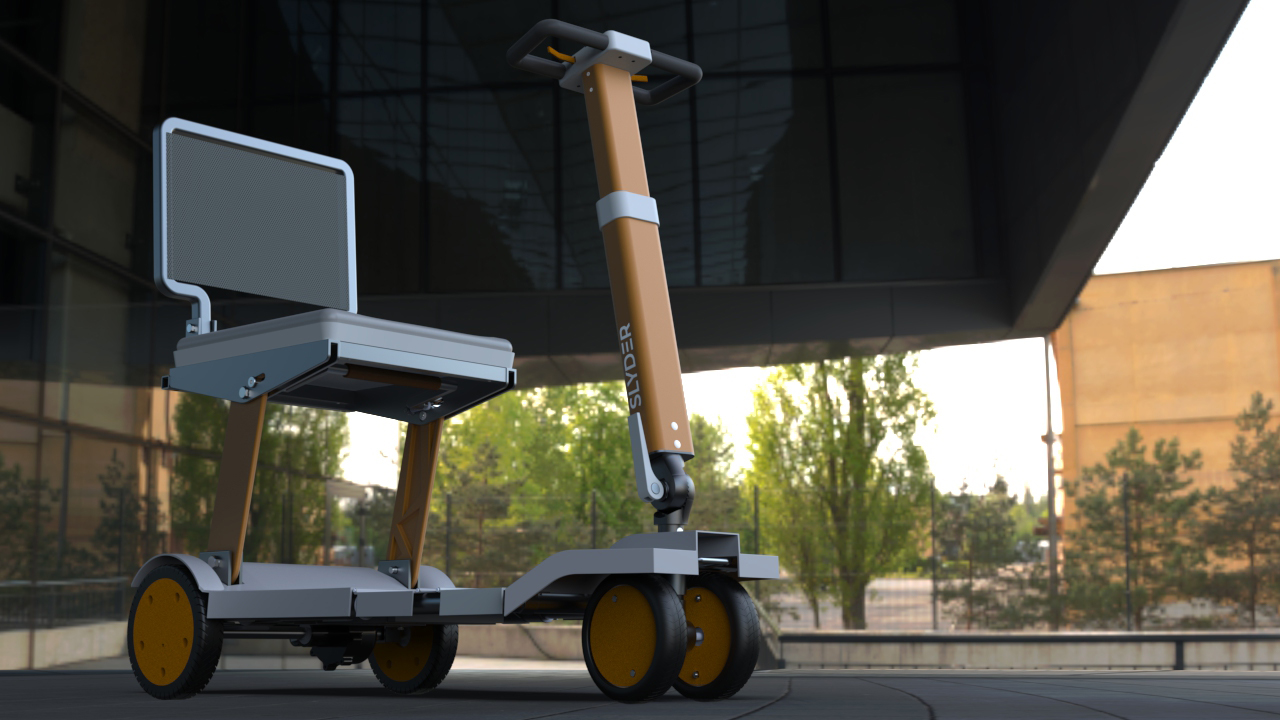 A modern, four-wheeled electric scooter with a seat and yellow wheels is parked outdoors near a glass building. The scooter features a sleek design with a grey and orange frame, and trees are visible in the background