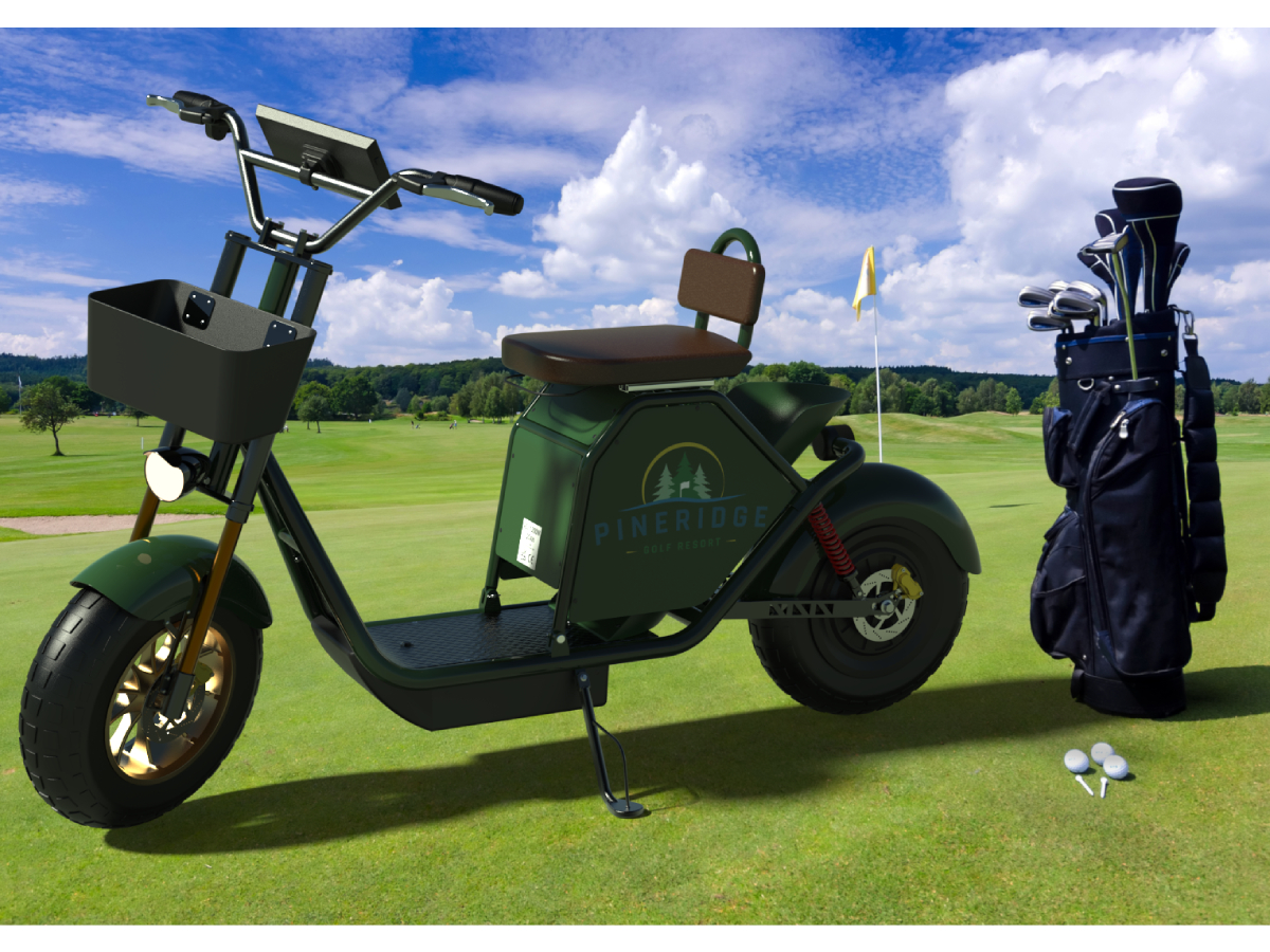 Green Scrambler next to a set of golf clubs