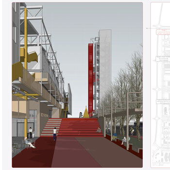 People walking down a street surrounded by high rise buildins.