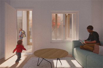 Architecture drawing of the inside of a bedroom.