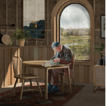 Drawing of a person in a dinning room in a house.