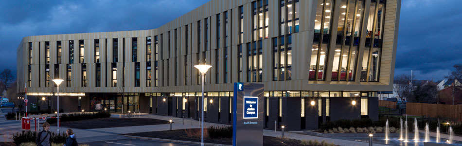 The advanced manufacturing building on the Jubilee Campus in the evening.