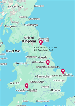 A map of the UK with pins placed on the FISS sites - Lincoln, Newport, Norwich & Stockton-on-Tees