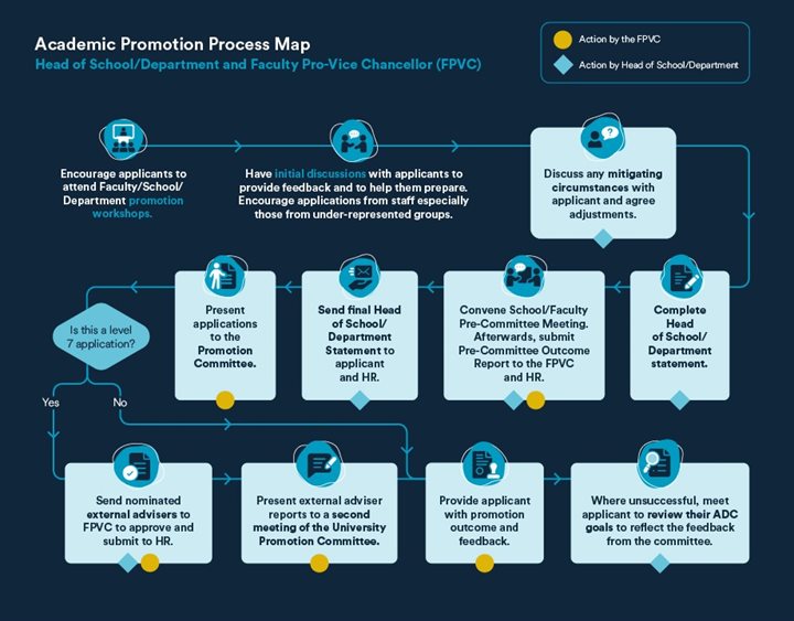 A process map showing the academic promotion process for HoS/D/FPVC - please see the academic promotion procedure for more information