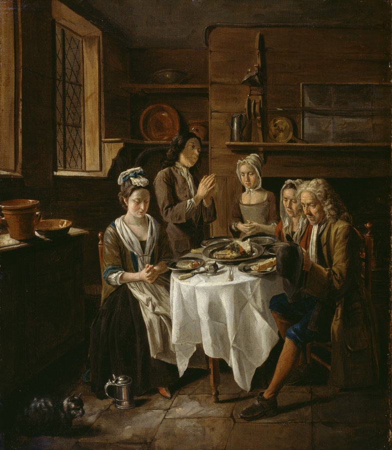 "Saying Grace" by Joseph van Aken, painting of people saying grace before eating a meal