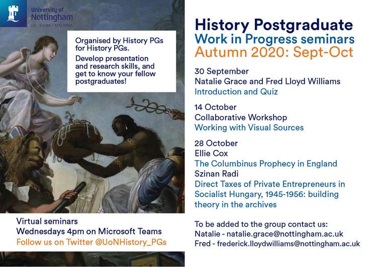 Image of Britannia receiving gifts from people representing Africa and Asia. Text reads History Work in Progress virtual seminars/Autumn 2020 schedule 30 September Natalie Grace and Fred Lloyd Williams Introduction and Quiz  14 October Collaborative Works