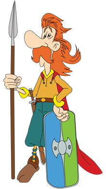 Cartoon drawing of an ancient Cenomanic warrior with long orange hair and moustache, holding a spear in one hand and supporting a shield with the other.