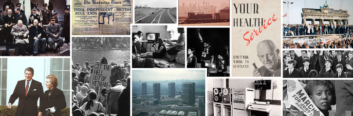 Montage of photographs representing the social and political change in the 50s, 60s and 70s.