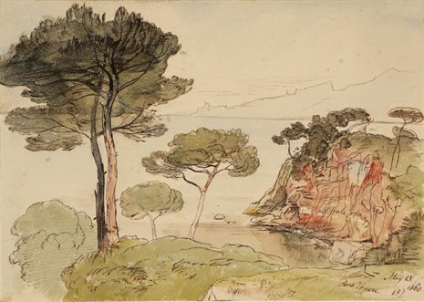 Painting by Edward Lear titled Porto Venere featuring grassy mountainside and trees
