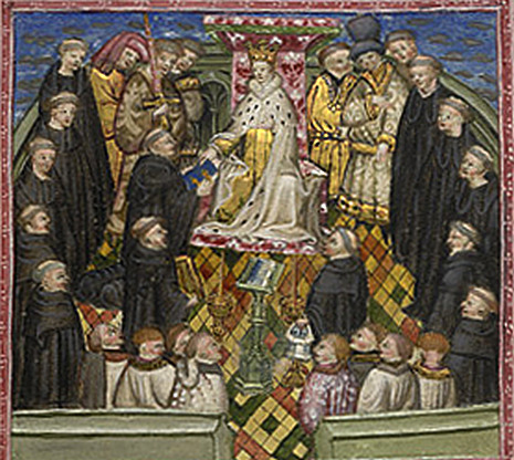 Illustration of holy men presenting a manuscript to King Henry VI