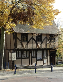 Historical Lace Market building in Nottingham with brown beams and pale yellow walls