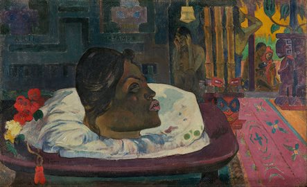 Arii Matamoe painting shows a mans severed head on a pillow displayed before mourners. The room has decorative wallpaper and a rug.