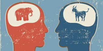 American political poster. A profile of a red head with an elephant on the brain facing a similar blue head