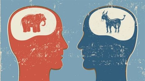 American political poster. A profile of a red head with an elephant on the brain facing a similar blue head with a donkey on the brain.