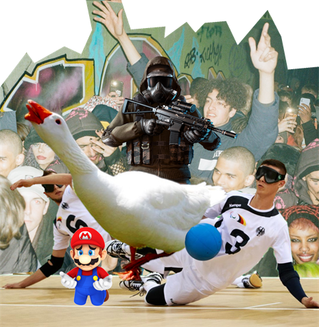 Varios game imagry including an assassin, Super Mario, blind football players, a goose and a night club scene