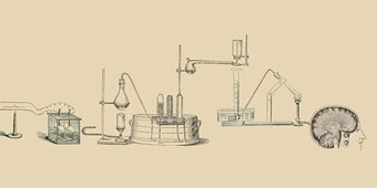 A drawing of test tubes, beakers and Bunsen burners going from left to right joined together leading to a head.