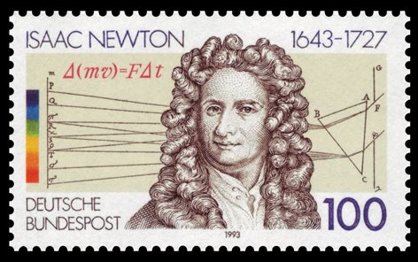 A stamp from Deutsche Bunespost with Sir Issac Newton with some line drawn shapes, letters and a graph behind his head. The stamp includes his name and dates 1643-1727.