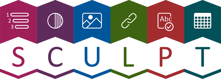 SCUPLT infographic showing the headings of Structure, Colour and Contrast, Use of Images, Links, Plain English, Tables with colour divisions between each letter of the acronym