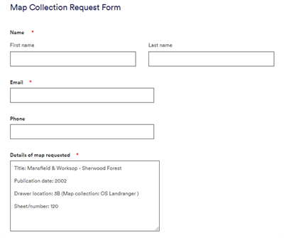 Screenshot of the Map Collection Request Form showing the Name, Email and Phone fields and details of the selected map which has been prefilled