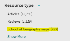 Screenshot of NUsearch resource type filters. School of Geography maps filter is highlighted.