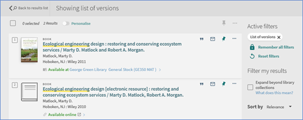 Screenshot showing the two versions for a book that we have in print and electronically