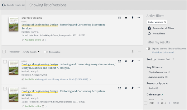 Screenshot showing the two versions for a book that the library has in print and electronically