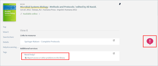 Screenshot of a book record highlighting the two ways to report an access issue - Report access issue icon (pink exclamation mark) on righthand side and "Need help" option in the View it section