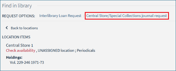 Screenshot of Find in Library section highlighting Central Store/Special Collections journal request option