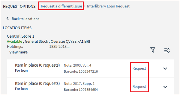 Screenshot of a journal with individual issues. Highlighted are the two request options: "Request" next to each issue and "Request a different issue" above the holdings