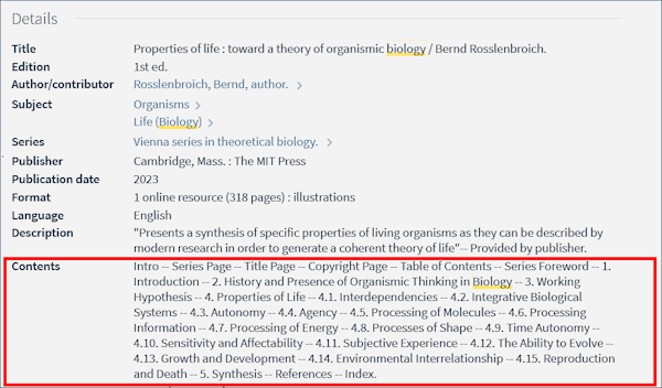 Screenshot of Details section of a book record with the Contents field highlighted
