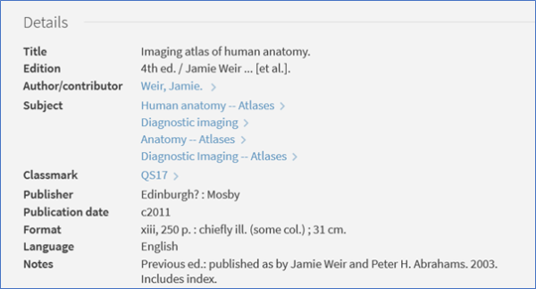 Screenshot of the Details section of a book record with blue clickable links for author, subjects and classmark